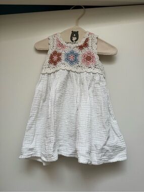 Girls' White Cotton Dress with Crochet Floral Yoke